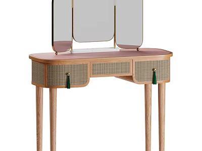 Elegant Dressing Table With Wooden Legs Plaid Drawers Green Tassel And Golden Frame Mirror 3d model