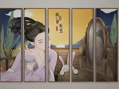 Traditional Chinese Screen Painting with Woman Rabbit Moon and Longing Theme Artwork 3d model