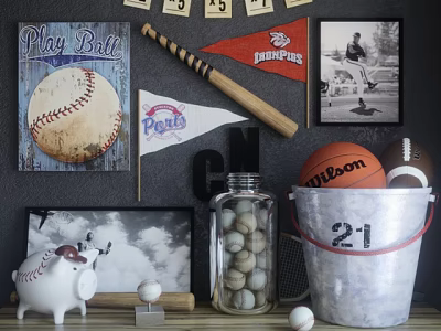 Sports Themed Decorative Ornament Set Featuring Baseball Bat Flags Posters Photos And Balls Bucket 3d model
