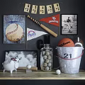 Sports Themed Decorative Ornament Set Featuring Baseball Bat Flags Posters Photos And Balls Bucket