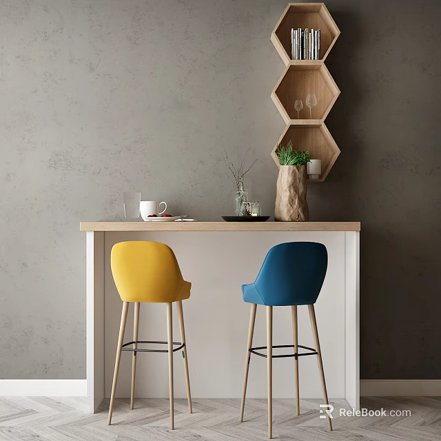 Modern Bar Counter With Yellow And Blue Stools Gray Wall Hexagonal Shelf 3d model
