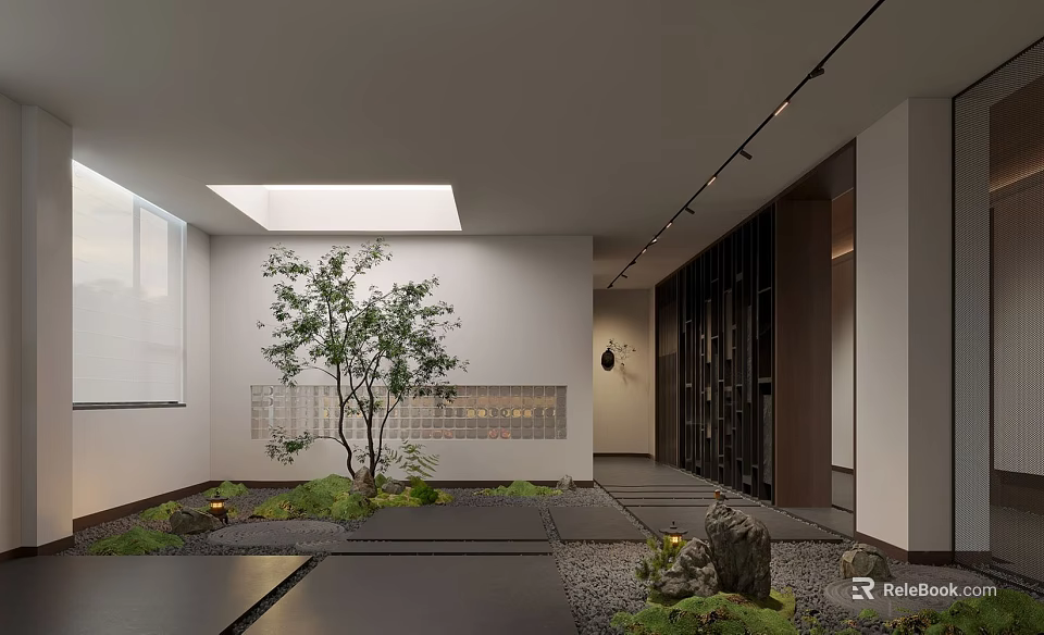 Japanese Style Indoor Courtyard Garden With Stone Paths Green Plants Dry Landscape Skylight And Lighting 3d model 