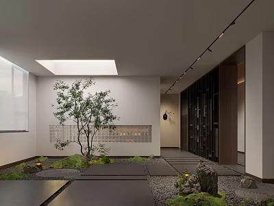 Japanese Style Indoor Courtyard Garden With Stone Paths Green Plants Dry Landscape Skylight And Lighting 3d model