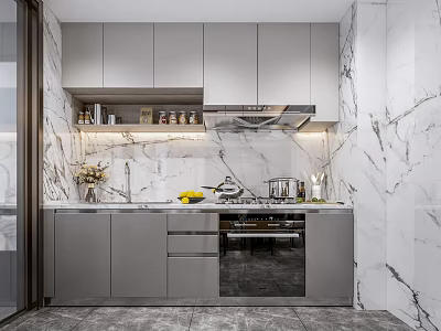 Modern Kitchen Interior With Gray Cabinets Marble Countertops Stove Range Hood And Marble Walls 3d model