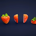 Fresh Red Strawberries With Green Leaves Whole And Sliced On Dark Blue Background