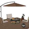 Outdoor Chairs with White Cushions on Wooden Deck and Fire Pit Table under Large Parasol
