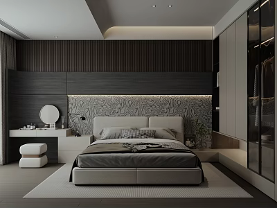 Modern Bedroom Interior Design With Textured Headboard Wall Minimalist Bed Dressing Table And Glass Wardrobe 3d model