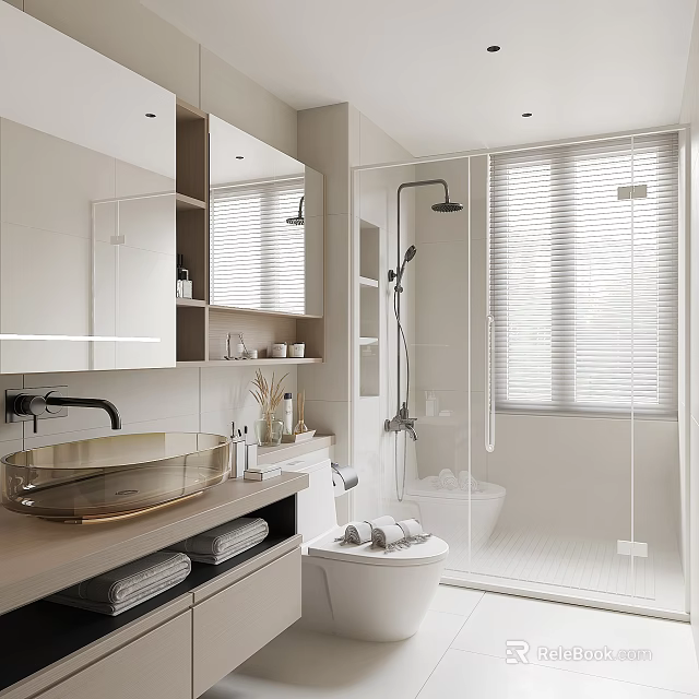 Modern Bathroom Interior With Large Mirror Cabinet Round Sink Glass Shower Partition And Blinds 3d model 