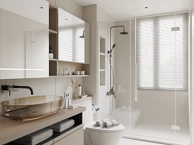 Modern Bathroom Interior With Large Mirror Cabinet Round Sink Glass Shower Partition And Blinds 3d model