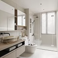 Modern Bathroom Interior With Large Mirror Cabinet Round Sink Glass Shower Partition And Blinds