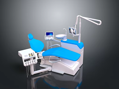 Professional Modern Dental Treatment Equipment With Blue Chair Adjustable Light Control Panel And Instrument Tray 3d model