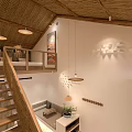 Cozy Indoor Space with Wooden Stairs Bamboo Railings Pendant Lights Open Layout and Stone Flooring
