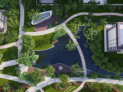 Serene Residential Landscape With Lush Greenery Water Features Winding Paths And Modern Buildings 3d model
