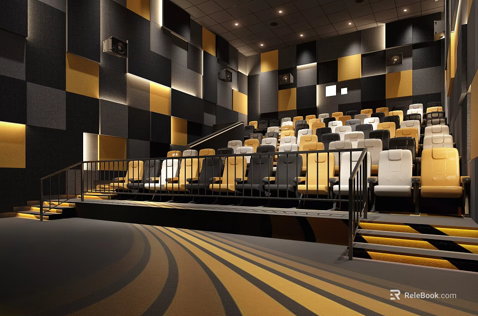 Modern Cinema Interior With Black Yellow Seats Geometric Wall And Wave Floor Pattern 3d model 