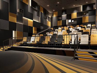 Modern Cinema Interior With Black Yellow Seats Geometric Wall And Wave Floor Pattern 3d model