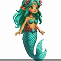 Cute Mermaid Character With Green Hair Coral Headdress And Seashell Top Green Fish Tail Design