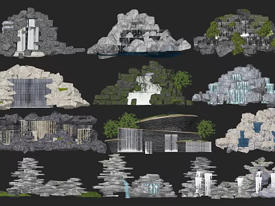 Garden Ornaments Featuring Rock Formations Waterfalls Green Plants And Small Structures 3d model