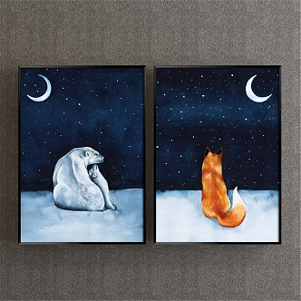 Nordic Animal Painting Blue Children's Room Cartoon Animation Cartoon Fox Decorative Painting 3d model