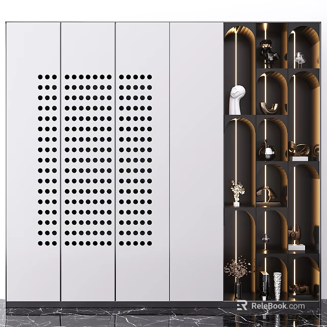 Modern Decorative Cabinet With Perforated White Panels And Black Wooden Shelves Displaying Ornaments 3d model 