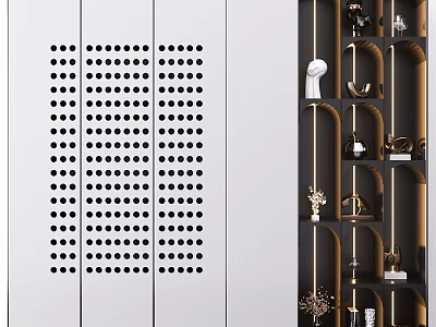 Modern Decorative Cabinet With Perforated White Panels And Black Wooden Shelves Displaying Ornaments 3d model