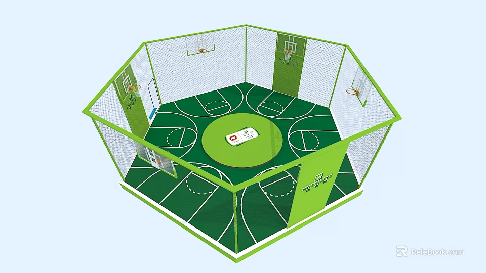 Octagonal Indoor Playground Equipment With Basketball Hoops Green Floor Court Lines And Net Enclosure 3d model 