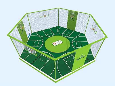 Octagonal Indoor Playground Equipment With Basketball Hoops Green Floor Court Lines And Net Enclosure 3d model