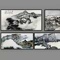 Four Panel Traditional Chinese Landscape Paintings With Misty Mountains And Calligraphy Artwork