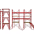 Various Types of Red Mobile Scaffolding Structures With Ladders and Platforms