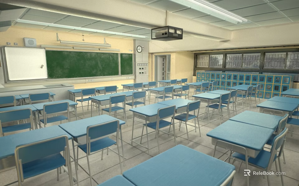 School Classroom Interior With Blue Desks And Chairs Green Blackboard Projector Lockers And Clock 3d model 