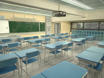 School Classroom Interior With Blue Desks And Chairs Green Blackboard Projector Lockers And Clock 3d model