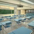 School Classroom Interior With Blue Desks And Chairs Green Blackboard Projector Lockers And Clock