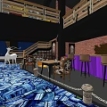 Modern Restaurant Interior With Open Space Blue Sofa Brown Chairs Hanging Lights And Large Screen