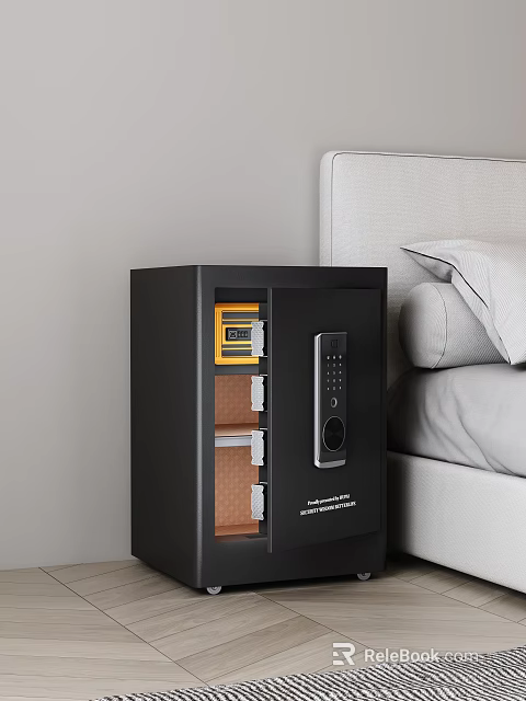 Black Security Safe With Electronic Keypad Lock And Internal Compartments Next To Sofa 3d model 
