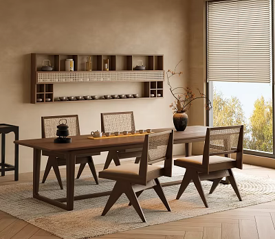 Minimalist Wooden Tea Table and Chairs With Rattan Backrest And Natural Light Interior 3d model