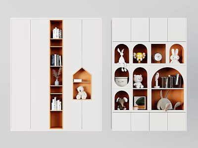 Modern White Wardrobe With Open Shelves Stuffed Toys Books And Decorations 3d model