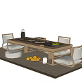 Natural Wooden Tea Table and Chairs with Stool Fruits Tea Set on Mat