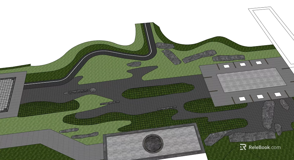 Courtyard Garden Landscape Design With Winding Pathways Green Lawns And Paved Areas 3d model 