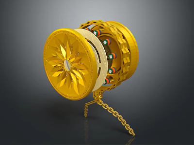 Golden Jewelry Piece With Prayer Wheel Design Intricate Patterns Colorful Details And Chain 3d model