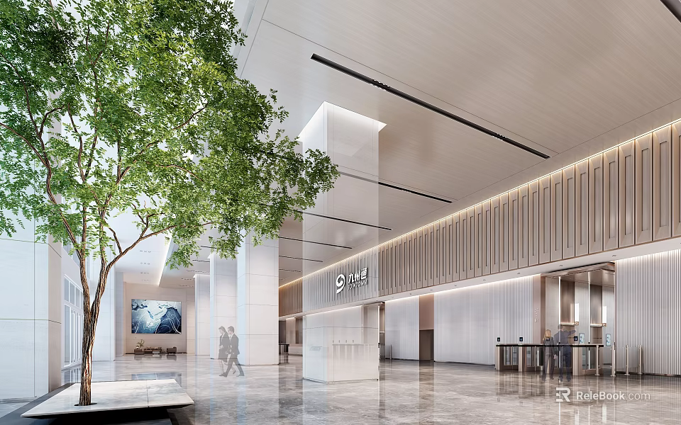 Modern Reception Lobby Interior Design With Green Plant Marble Floor Wooden Wall And Glass Partition 3d model 
