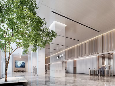 Modern Reception Lobby Interior Design With Green Plant Marble Floor Wooden Wall And Glass Partition 3d model