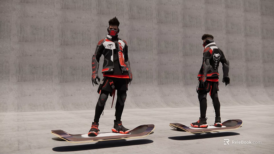 Men Standing On Skateboards Wearing Red And Black Stylish Outfits Against Gray Concrete Wall 3d model 