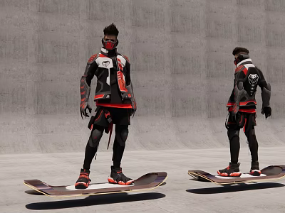 Men Standing On Skateboards Wearing Red And Black Stylish Outfits Against Gray Concrete Wall 3d model