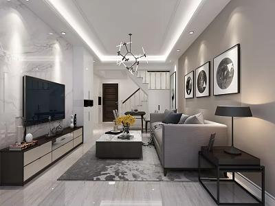 Modern Living Room Interior With Large TV Chandelier Sofa Coffee Table And Wall Art 3d model