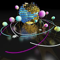 Futuristic Decorative Design With Golden Blue Structure Colorful Spheres Stars And Orbits