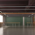 Dance School Studio With Arch Windows Ballet Barres Gray Flooring And Pink Dark Walls
