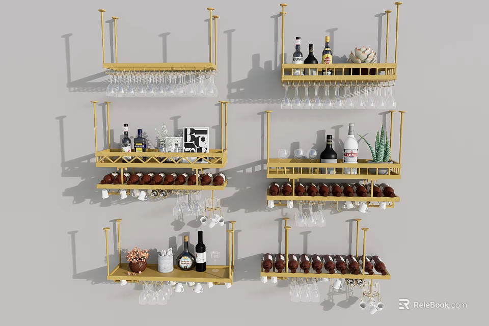 Luxury Kitchen Decor With Succulent Plants On Golden Shelves And Wine Glasses 3d model 