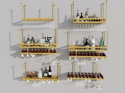 Luxury Kitchen Decor With Succulent Plants On Golden Shelves And Wine Glasses 3d model