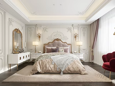 Luxurious Bedroom Interior With Ornate Decorative Walls Tufted Headboard Nightstand Lamps And Red Chair 3d model