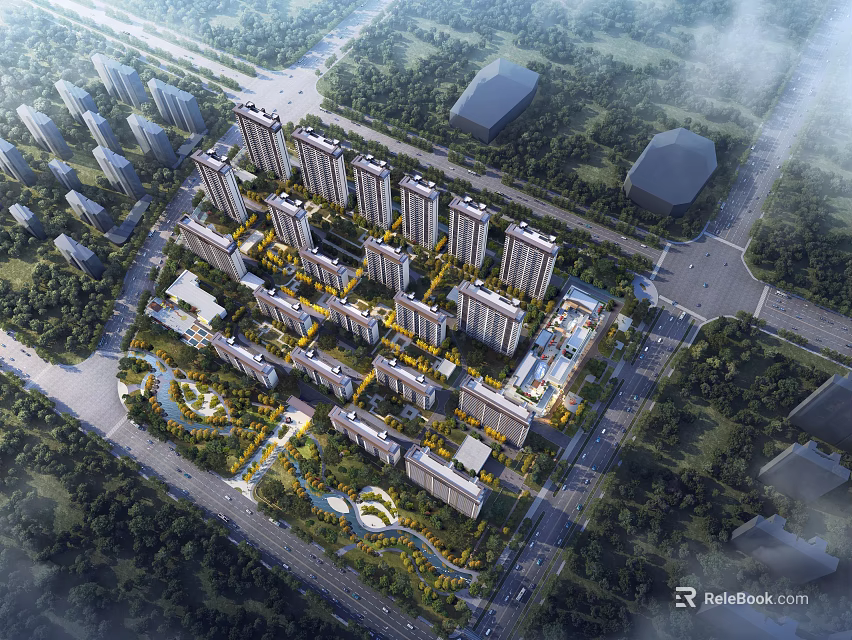 Aerial View Planning of Modern Residential Community with High Rise Buildings Green Spaces and Roads 3d model 