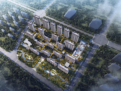 Aerial View Planning of Modern Residential Community with High Rise Buildings Green Spaces and Roads 3d model